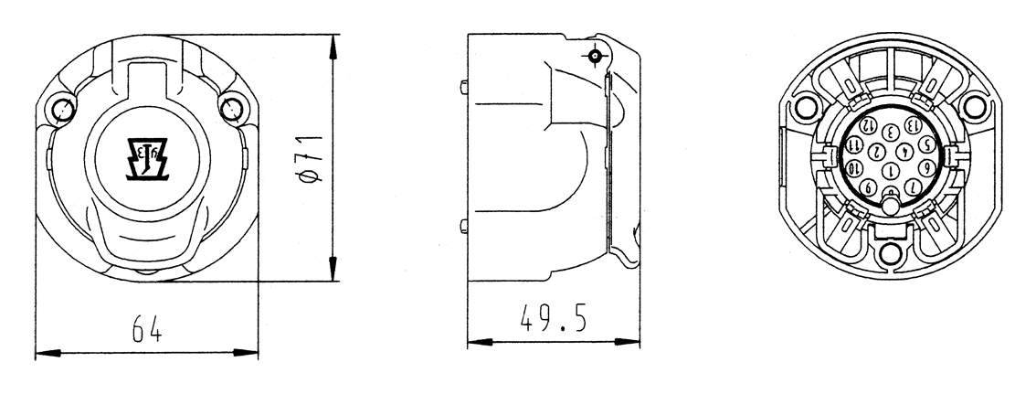 Matching socket: 13P/12V socket housing (ISO 11446)