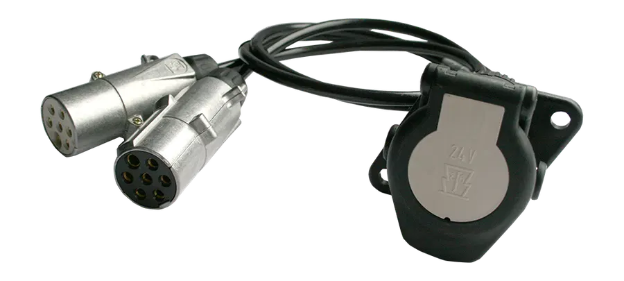 Adapter cable - with 2x 7P/24V plugs (ISO 1185 + ISO 3731) and 15P/24V socket (ISO 12098)