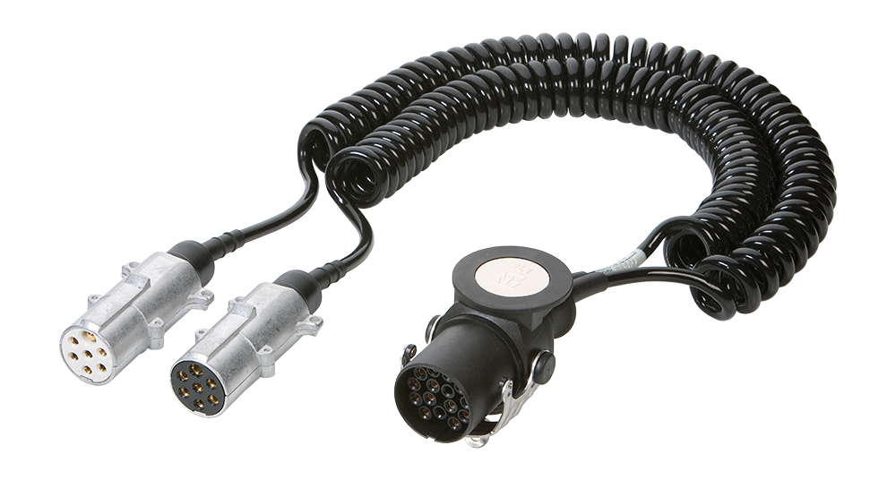 Passender Adapter: Adapterspiralkabel - mit 15P/24V Stecker (ISO 12098) und 2x 7P/24V metal plugs (ISO 1185 + ISO 3731)